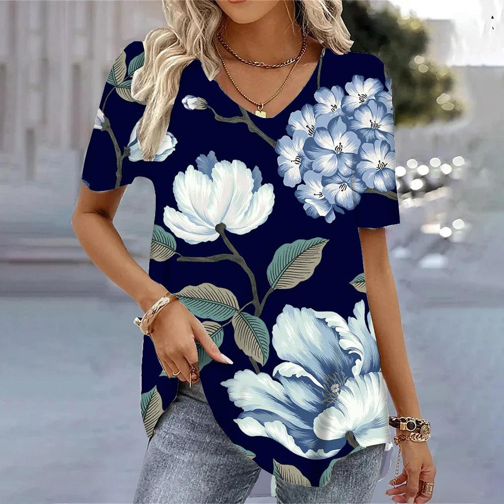 T-shirts V-neck Women's Floral Printed Summer Casual Short Sleeve Tee Shirts Harajuku Versatile Blouse Tops For Female Clothing