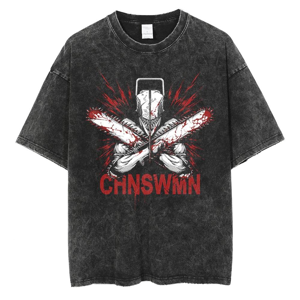 

Fashion Summer Chainsaw Man Vintage T-shirt Streetwear Anime Print T-shirt Oversize T Shirt Loose Men Washed Black Tees Tops S