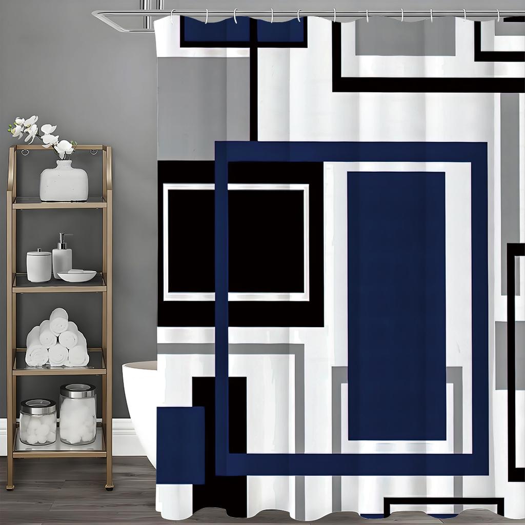 Blue Geometric Navy Blue Modern Black Blue Gray Shower Curtain, Bathroom Decorative Shower Curtain, Waterproof Shower Curtain Wi