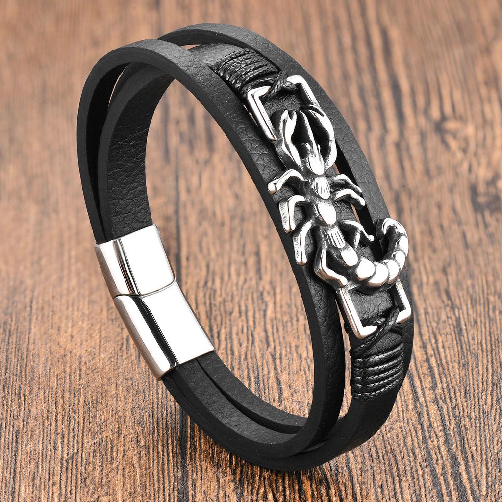 Black Leather Rope Cowhide Men's Centipede Animal Pattern Genuine Leather Woven Bracelet Multi-layer Leather Bracelet 2026