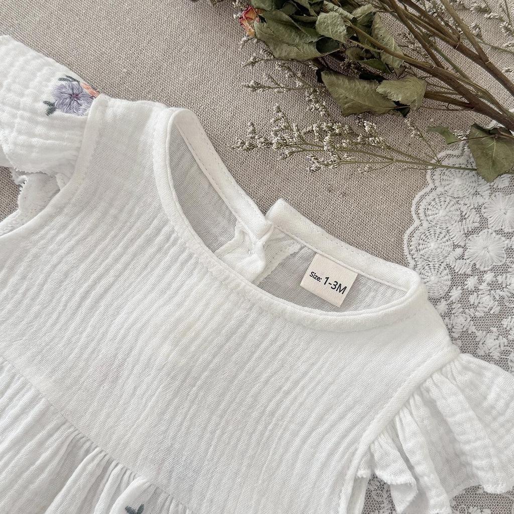 Korean-Style Girls' Summer Bodysuit with Purple Floral Embroidery