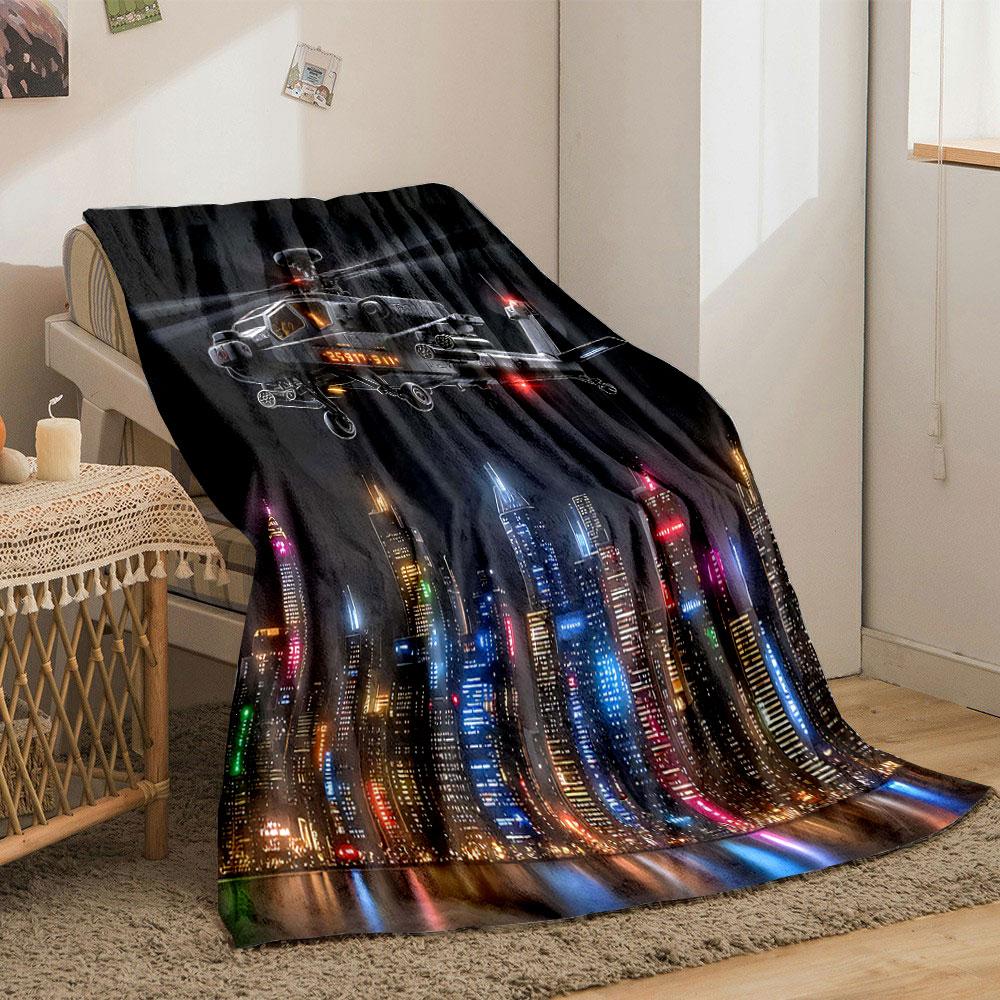 A futuristic helicopter flies over a glowing cityscape at night. for all seasons blanket lunch break throw gift