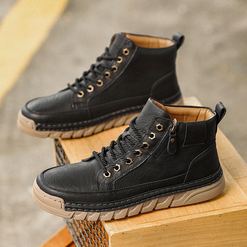 Leather Boots Men High Casual Shoes for Men Trend Zipper Walk Flats Winter Shoes Vulcanized Ankle Boots New