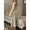 Women Knitted Dress Long Sleeve Tie Backless Round Neck Dress Solid Color Ruffle Trim Casual Fashion Dresses