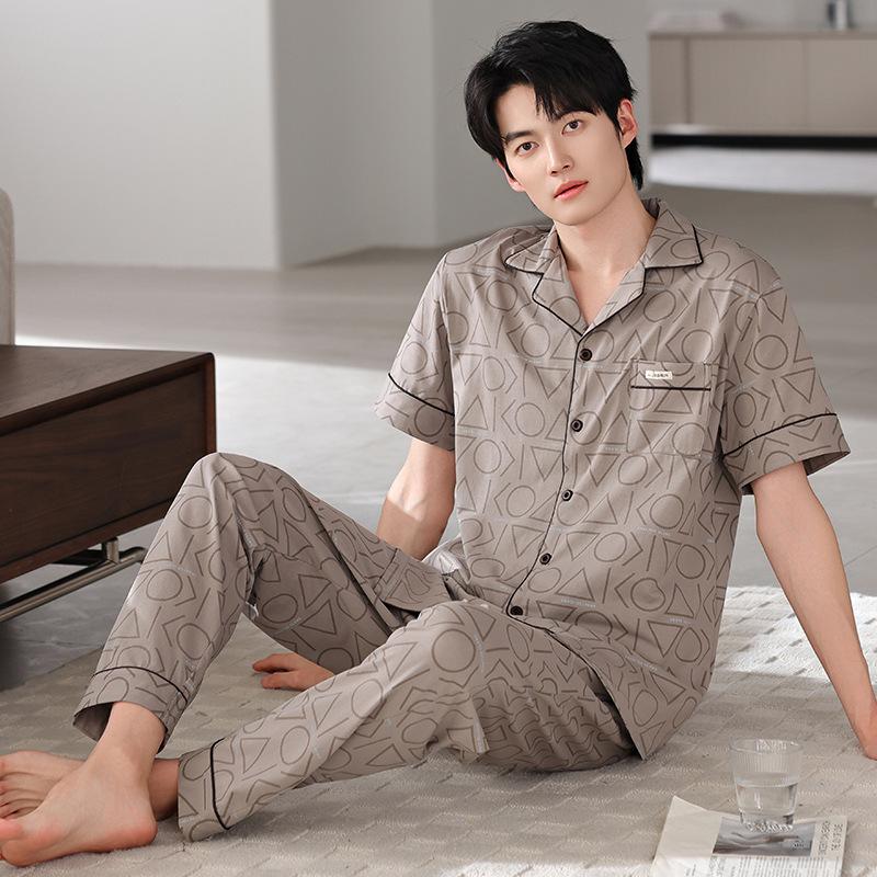 Pajamas Men's Summer Cotton Short Sleeve Trousers Men's Thin Summer Large Size Half Sleeve Men's Summer Loungewear Set