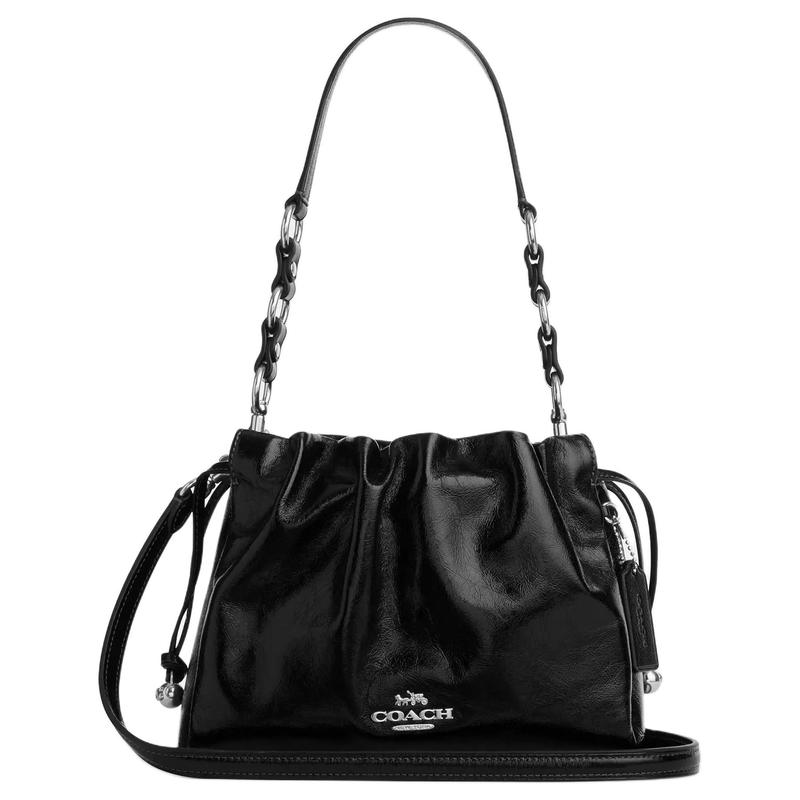 

COACH Faye 22 drawstring closure shiny wrinkled leather shoulder bag small women s black чорний