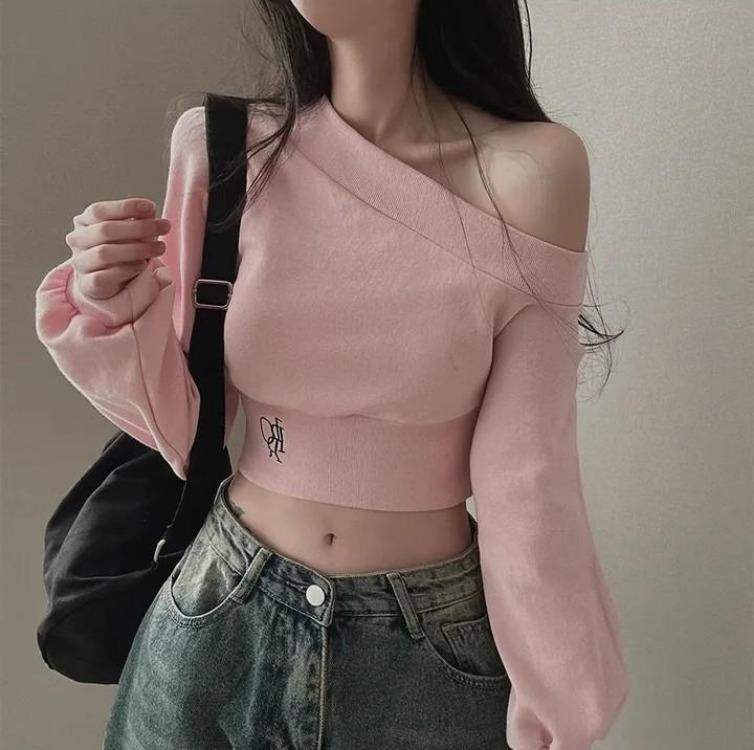 

Women Loose Off Shoulder Hoodie Autumn Top Embroidered Slant Neck Short Exposed Belly Button M рожевий