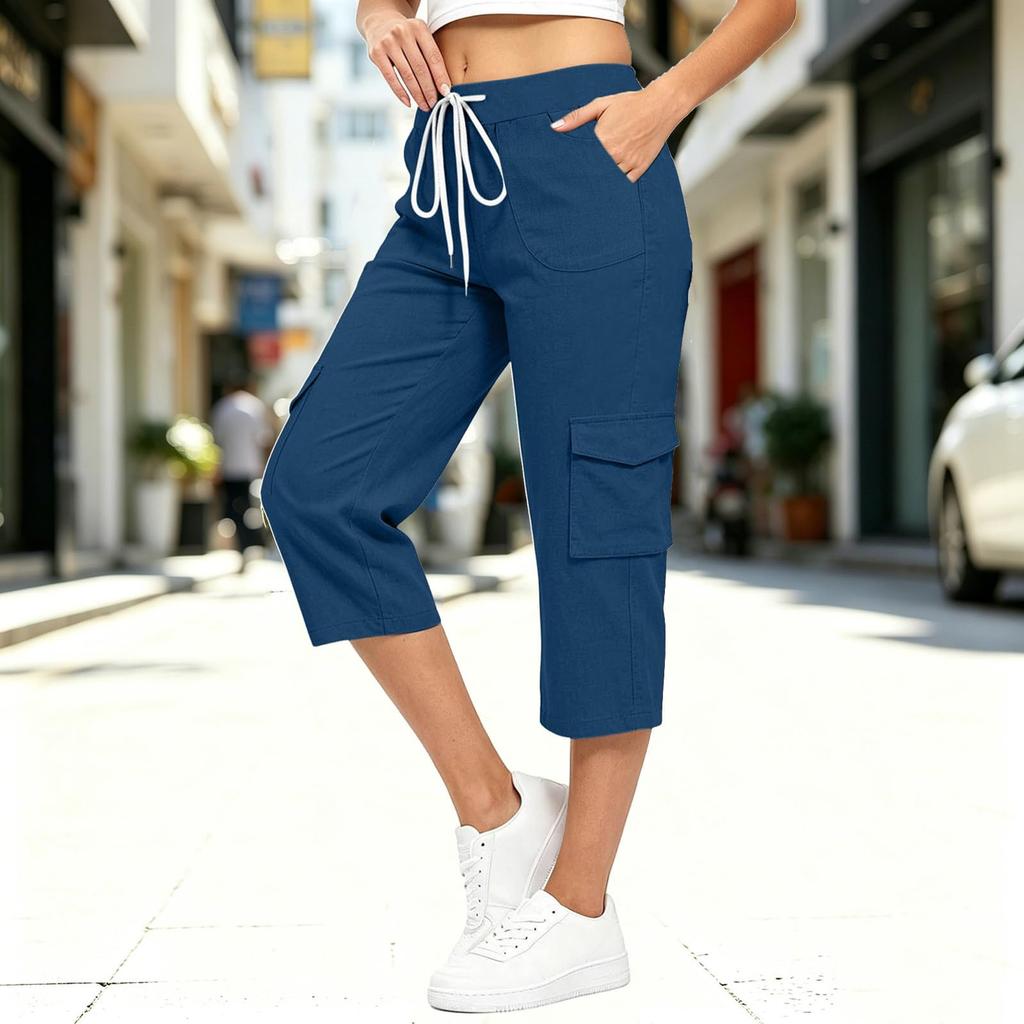 Women Casual Loose Fit Cargo Pants Mid Calf Length Drawstring Waist Elastic Band Pocket Design Comfortable Workwear