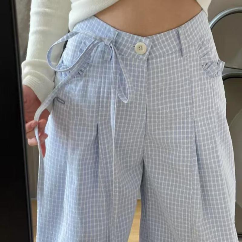 Damskor Vår/Sommar Långsam Stil Blå Rutig Volang Hög Midja Lös Vida Ben Golvlånga Byxor