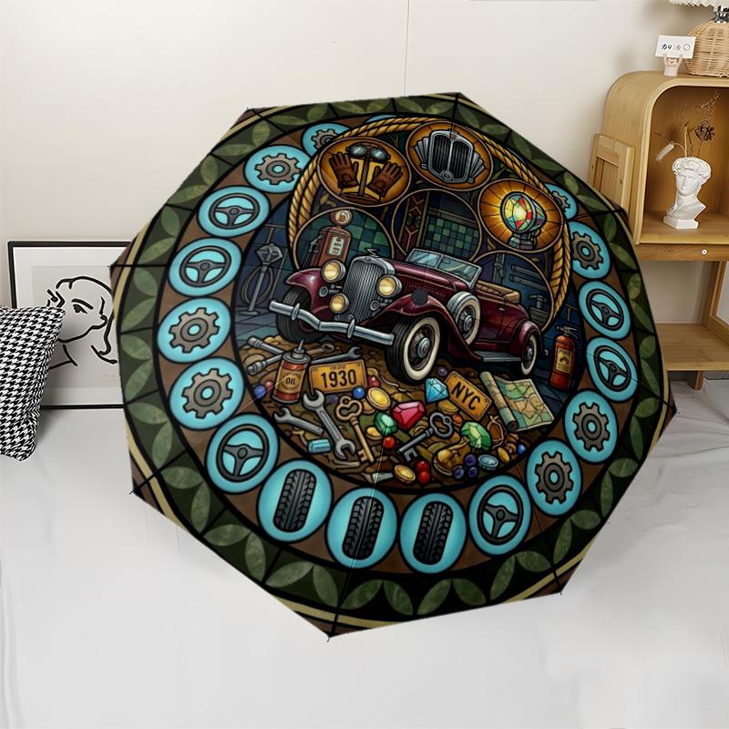 Vintage Auto Glasmuster Schirm, tragbares und faltbares Design, 8 Schirmstäbe, ein lässiges Accessoire für Halloween-, Weihnachts- und Geburtstagsgeschenke.