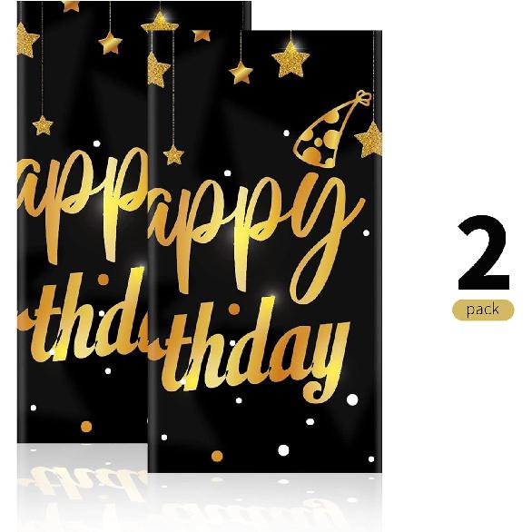Ruisita 2 Pack Black Gold Table Cloth Cover Happy Birthday Tablecloth Party Tablecloths Rectangular Table Cloth Cover for Indoor or Outdoor Parties