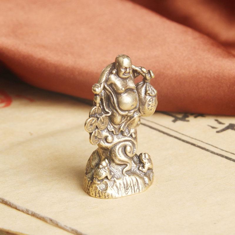 Vintage Pure Brass Wealth Arhat Desktop Ornament Maitreya Buddha Holding Gold Coins Lucky Bag Creative Decoration Old Copperware