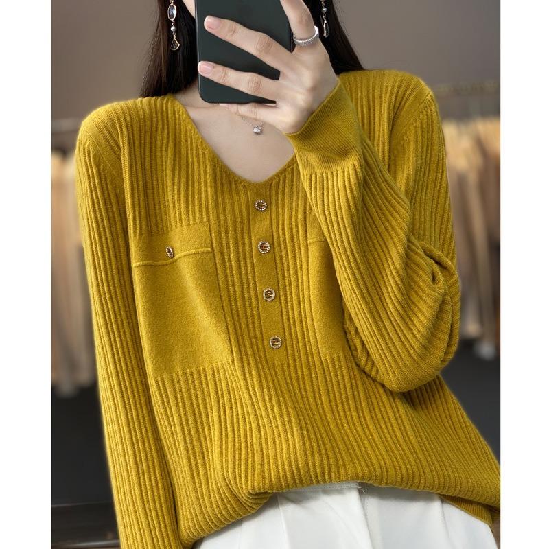 

Осенне-зимний женский трикотаж, нижний трикотаж с длинными рукавами, свитер с v-образным вырезом и внутренней полоской XXL жёлтый