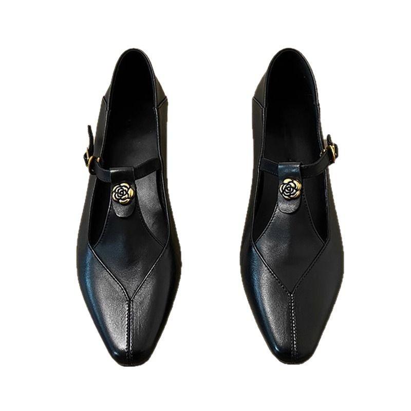 2025 New Women Mary Jane Shoes Retro Camellia Chunky Heel Hollow Out Single Shoes for Commuting Buckle