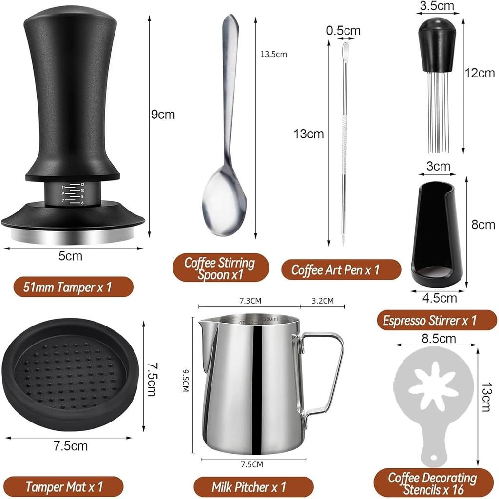 7Pcs Coffee Tamper Set, Coffee Machine Accessories Set, Milk Frothing Pitcher 12oz/350ml with 51mm Espresso Tamper Set, WDT Tool, Coffee Stirrer