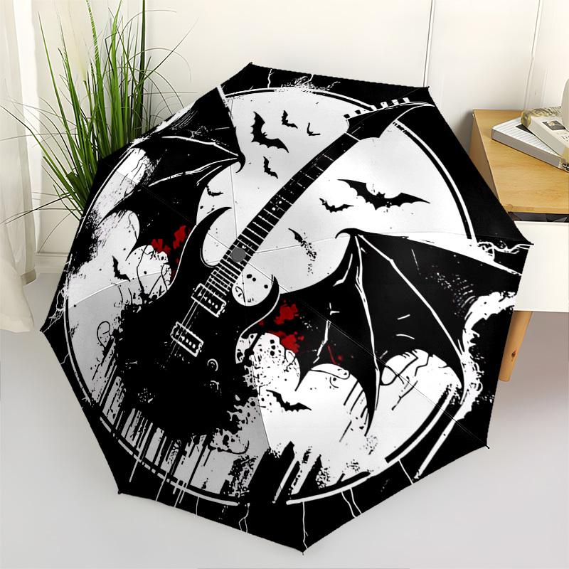 1pc Gothic Guitar Bat Skull Automatic Folding Umbrella, Portable 3-Fold Design, 8-Bone Iron Frame Outdoor Umbrella, Unique Gift for Fans, Travelers, E