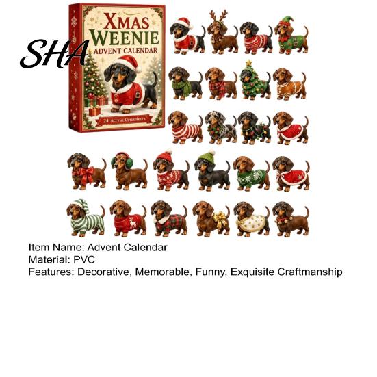 Feiertagsritual Countdown 2026 Dackel Adventskalender, 24 Tage Hunde-Sammlerstücke Überraschungen mit festlichem Xmas-Geschenk für Tierliebhaber Welpen Acrylfiguren