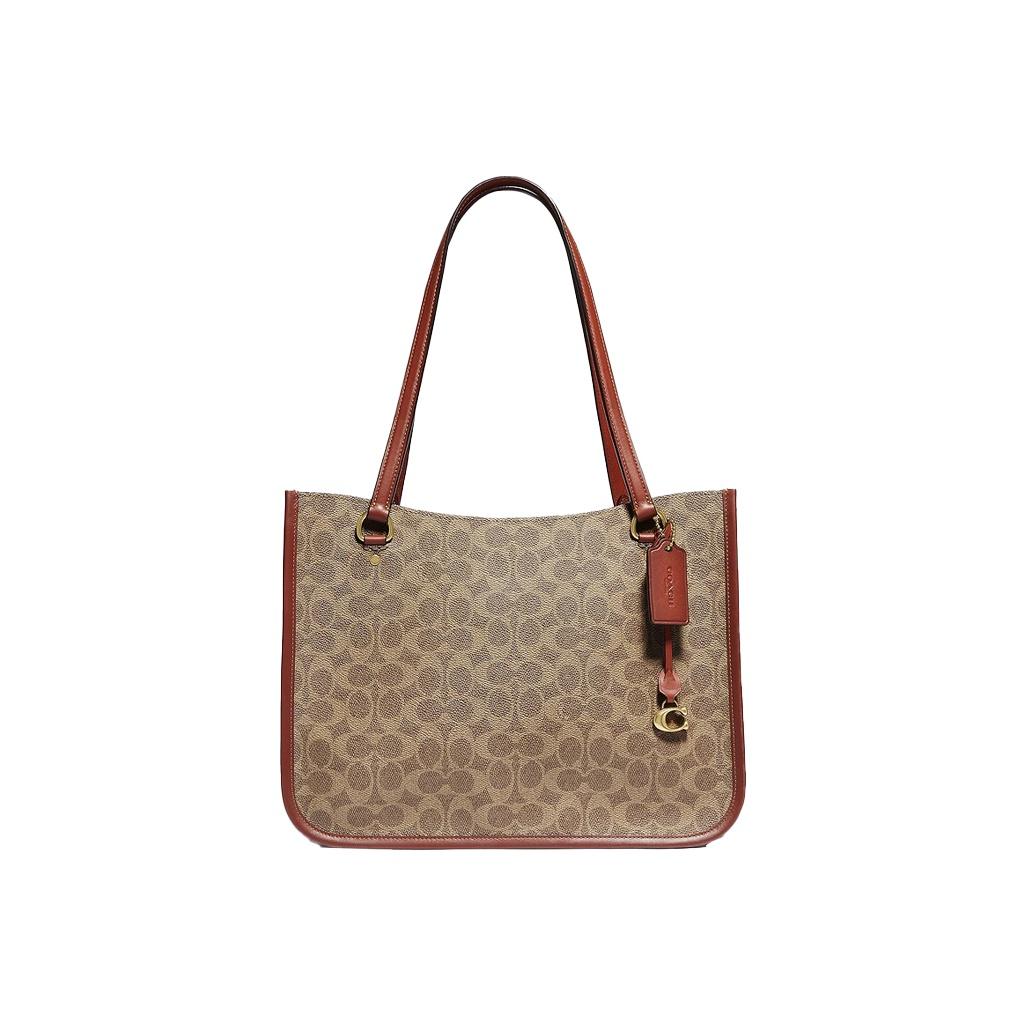 

Coach Tyler 35 Monogram Open Top Leather Tote Bag Women Handbags Orange Brown C2591-B4NQ4 Basic Set (Bag+Dust Bag)