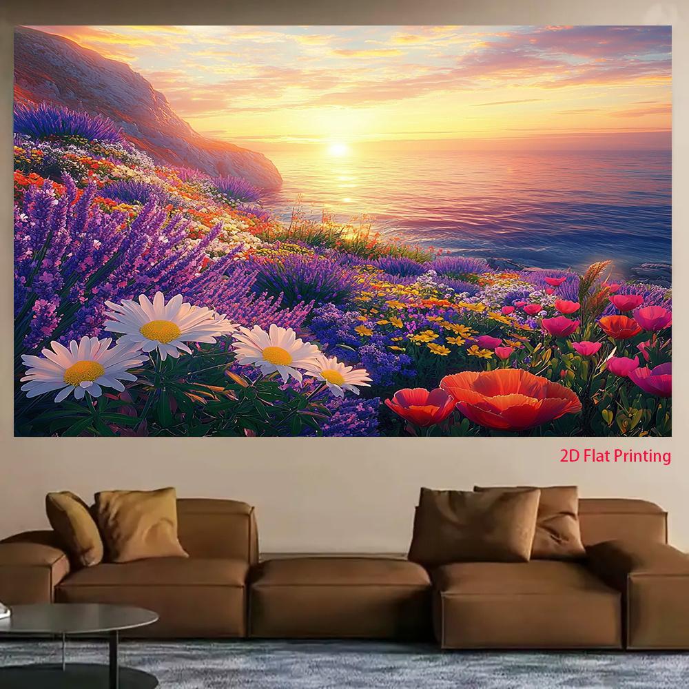2D plane the vibrant floral landscape seamlessly blends with the serene ocean made of polyester fibers (as the picture,100x150cm)