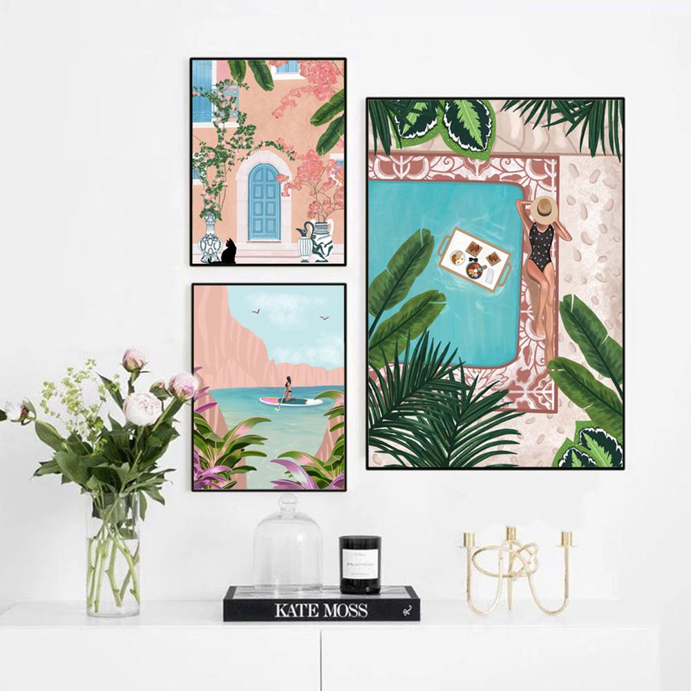 Marokko Frau Reise Wandkunst Leinwand Schwimmbad Tropisches Blatt Nordische Poster und Drucke Wandbilder für Wohnzimmerdekor