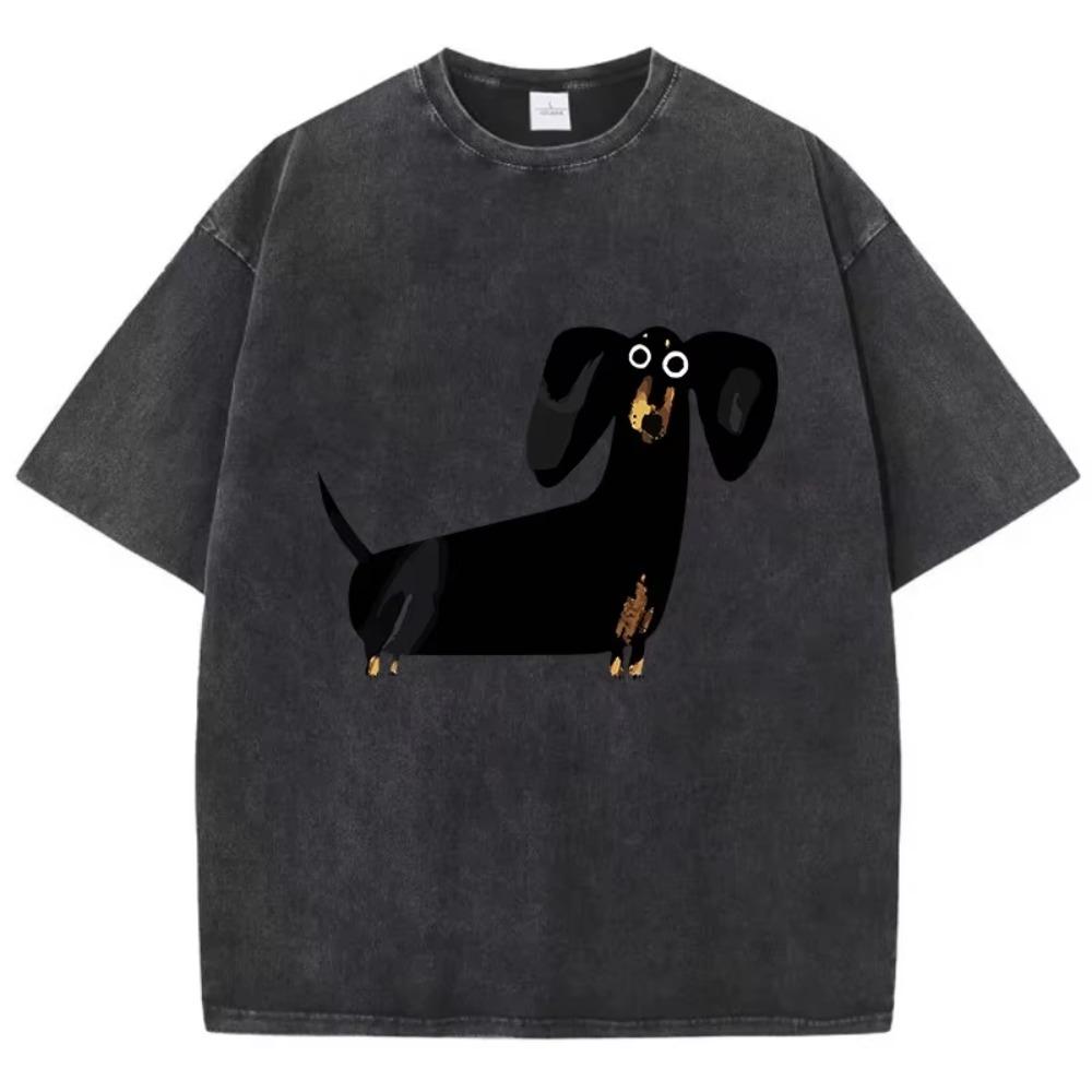 Funny Dachshund Dog Printing Washed T-Shirt Women Cotton T Shirts O-Neck Oversized Acid Wash Tops Daily Wear Cool Top L