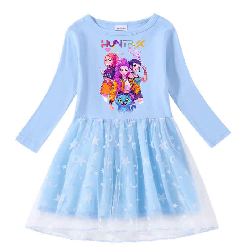 Children's Kpop Demon Slayer Rainbow Sequin Mesh Princess Dress - Short Sleeve for Summer, Long Sleeve for Spring/Autumn