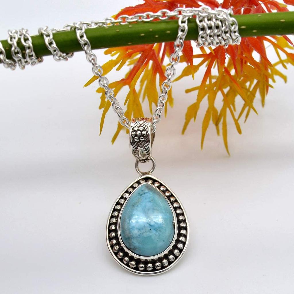 Pear Cabochon Natural Larimar Pendant Necklace Solid 925 Sterling Silver Gemstone Pendant with Chain Jewelry