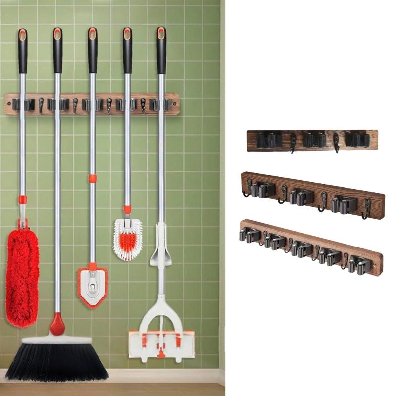 Natural Wood Wall Mounted Broom Storage Rack with Hook for Brooms Mops Umbrellas Home Organization