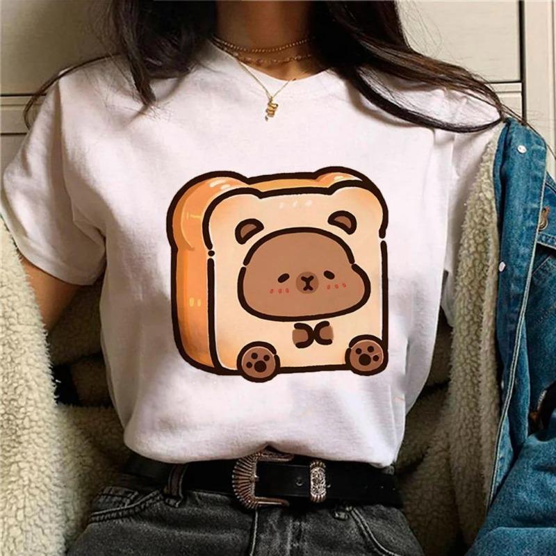 Summer Minimalist Capybara Pattern Printed Loose Round Neck Pure Cotton Short Sleeved Shirt T-Shirts Women’s