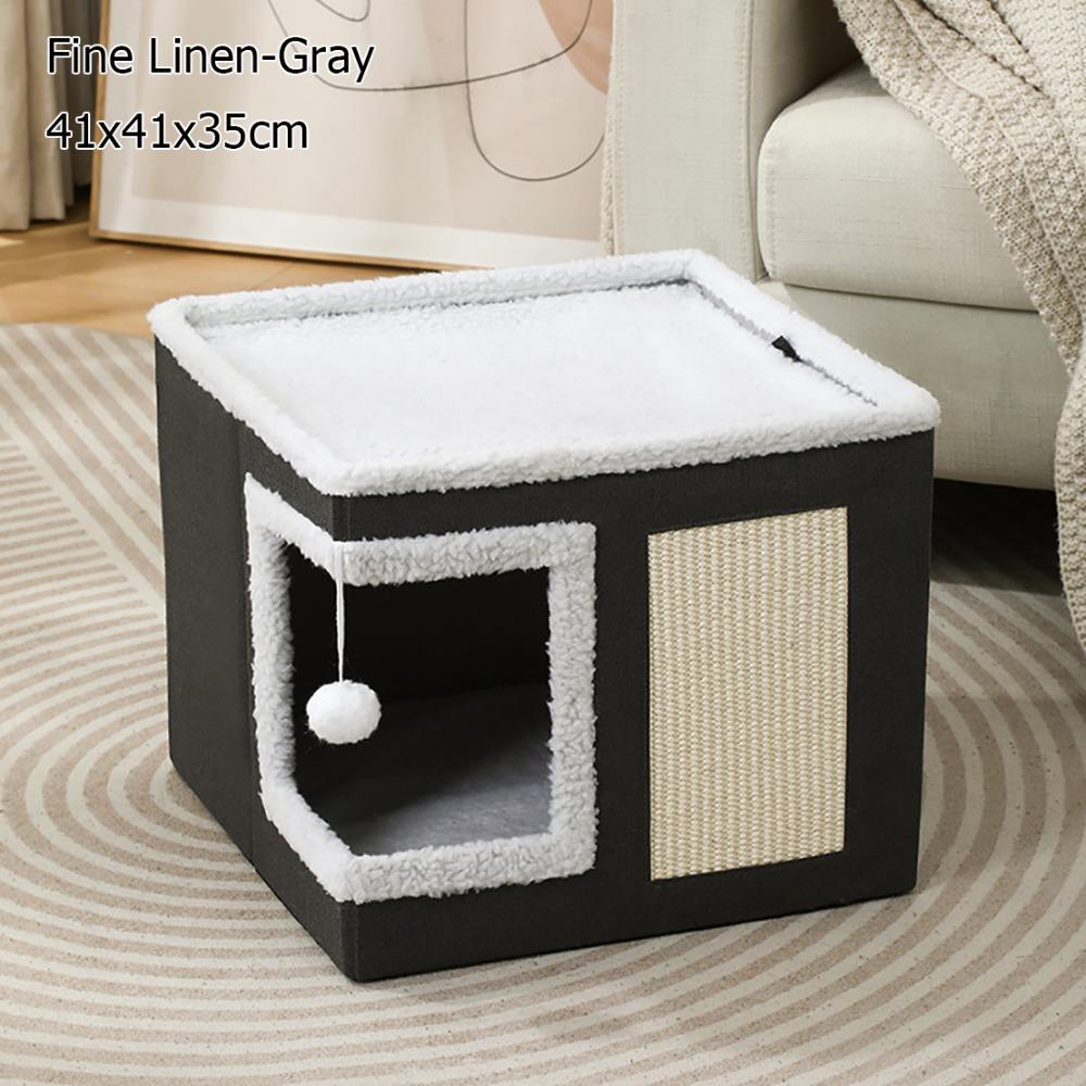 Large Space Foldable Cat House Non-slip Bottom Scratching Post Cat Bed Toy Tunnel Removable Cushion Hanging Ball
