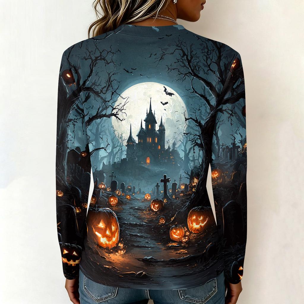Women's Halloween Printed V Neck Long Sleeve Pullover Top Casual Lightweight Stretchy Shirt for Fall Seasonal Wear