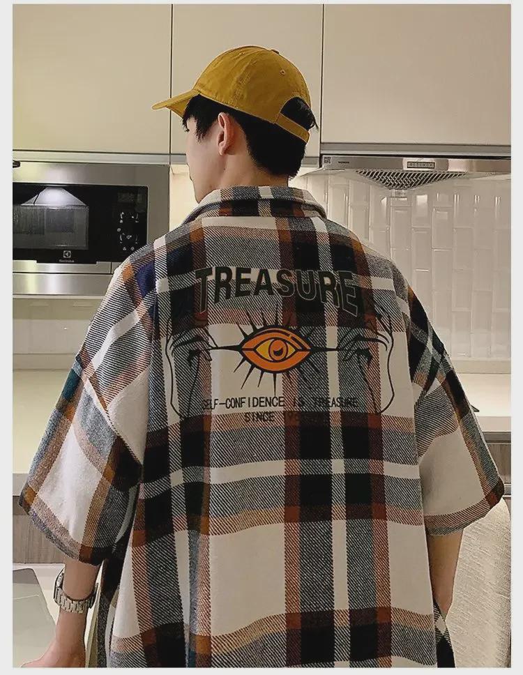 2024 Spring/Summer Plaid Short-Sleeve Loose Shirt for Male Students