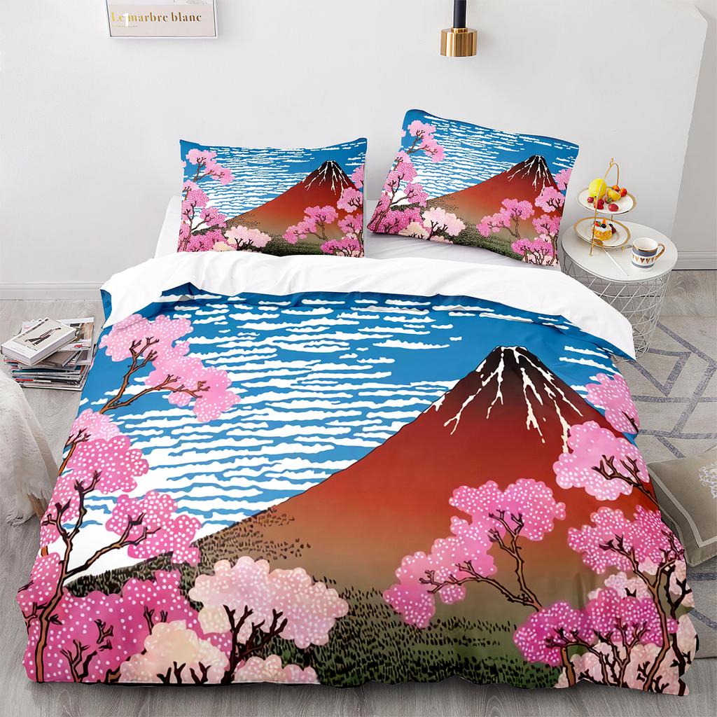 Ukiyo-e Weiches Bettbezug-Set King Quen Ful Größe Abmessungen Thema Wellenmuster Polyester Bettwäsche-Set Fuji Berg Exotischer Abstrakter Stil