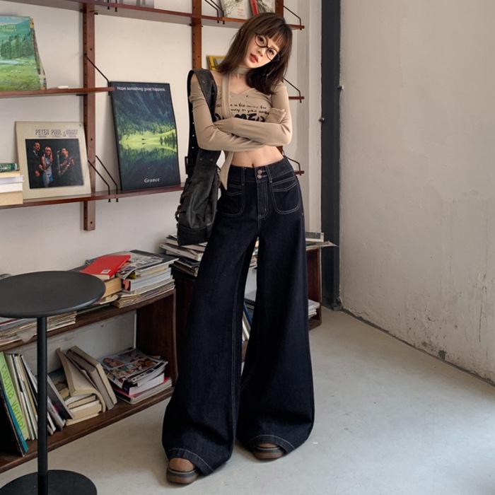 

Женские джинсы ретро темно-синего цвета на осень 2024 года - драпирующиеся, универсальные, прямые, длиной до пола. Medium