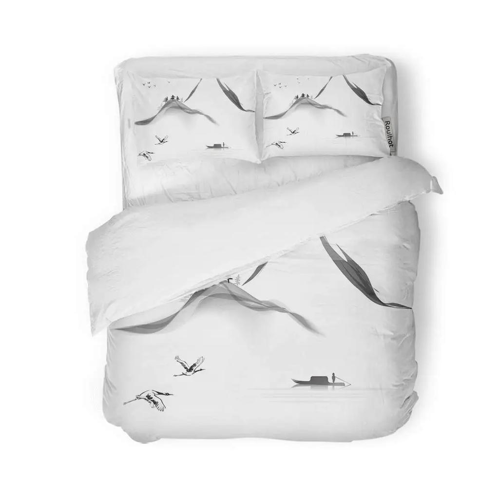 Red Plum Blossom King Queen Duvet Cover Ink Landscape Painting Bedding Set Chinese Style Quilt Cover Polyester Comforter Cover