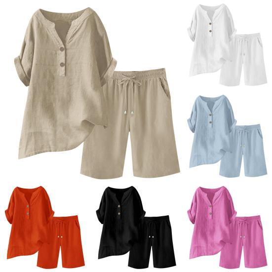 Bomull Lin 2-delt antrekk for kvinner Kort ermet V-hals topp Vidbent shortssett Sommer Casual Løst loungesett