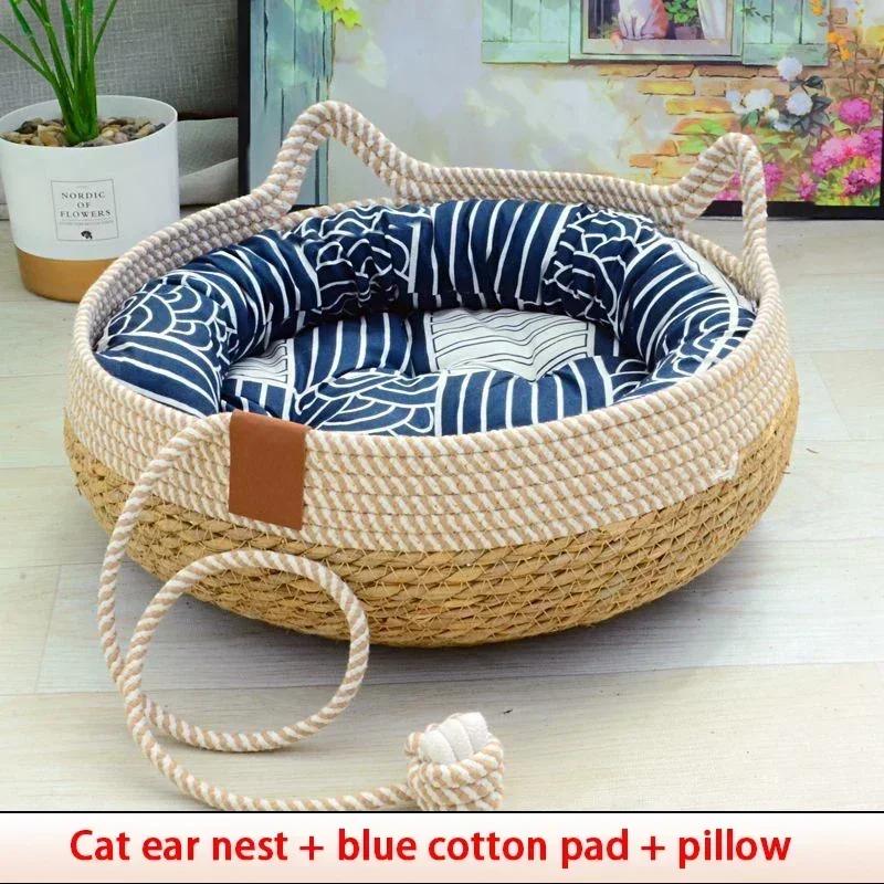 Scratch Resistant Cat Bed Four Seasons Rattan Woven Removable Washable Upholstery Floor Sleeping Pet House Supplies For Cats