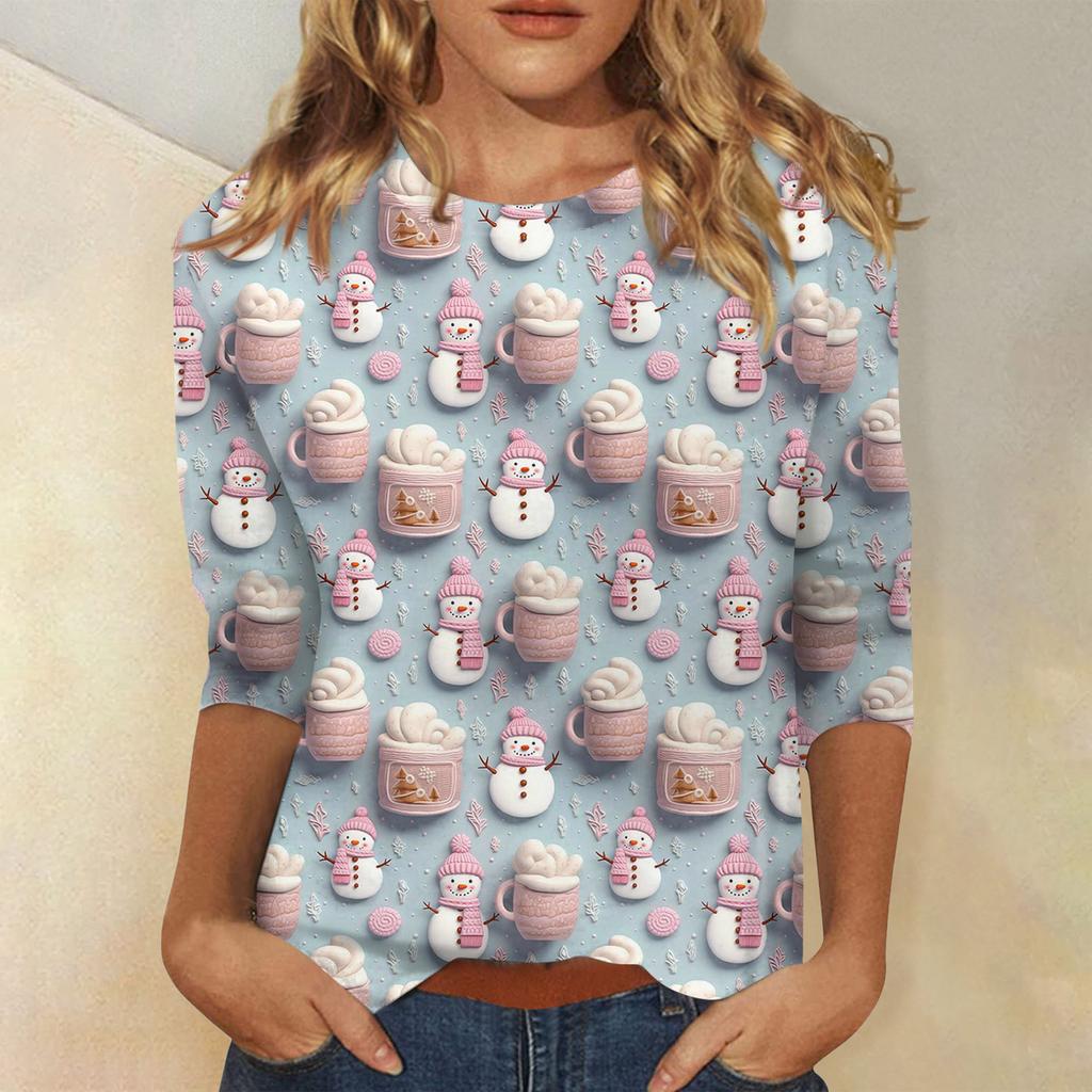 Women's Fashionable Casual Three-Quarter Sleeve Christmas Print Round Neck Top