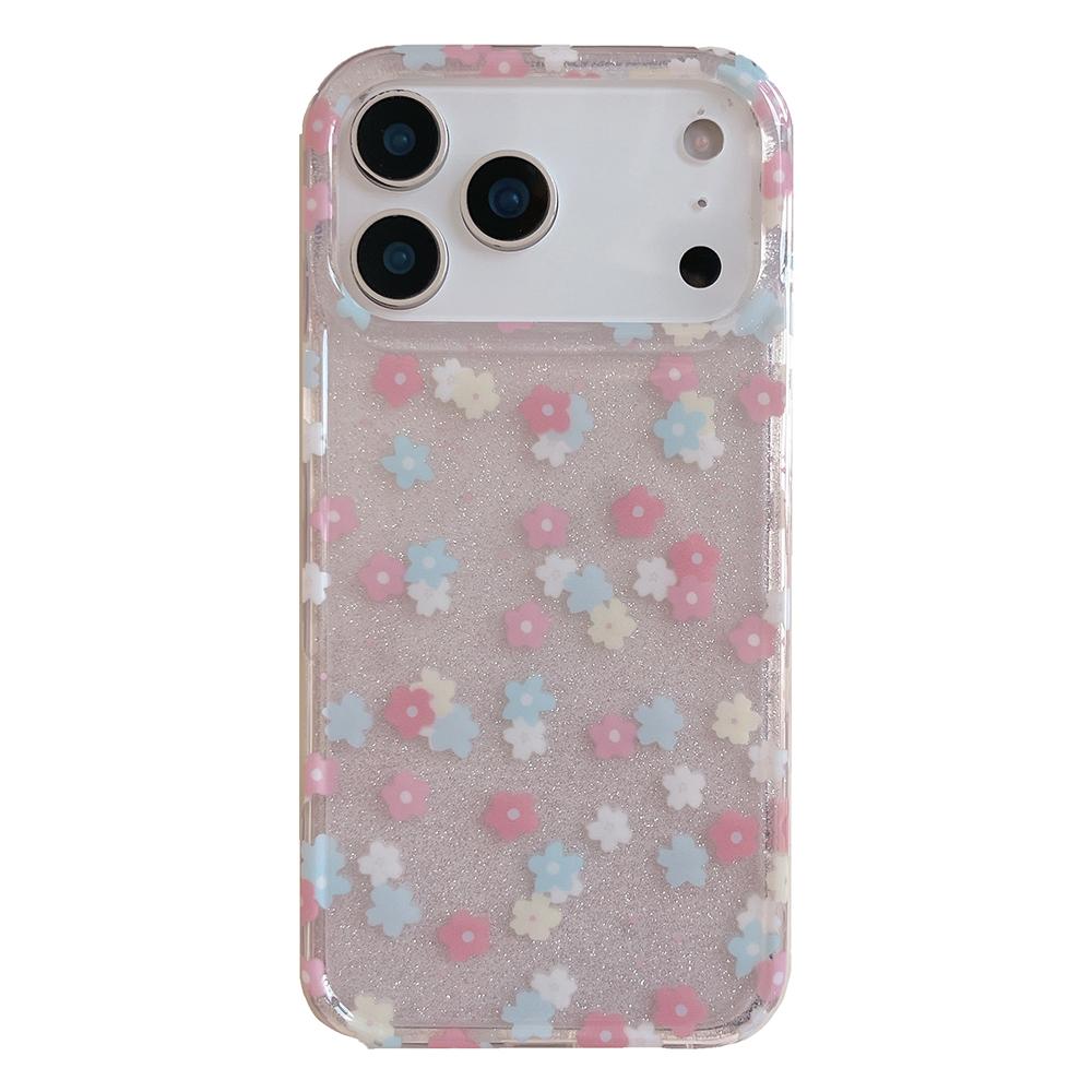 Ins Cute Spring Floral Sequins Bling Phone Case For iPhone 16 15 14 17pro 17ProMax Lovely Glitter Flower Shockproof Soft Cover