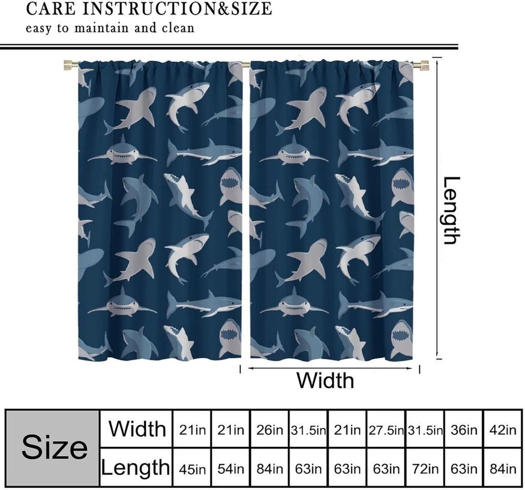Kids Sea Animal Curtains Teens Boys Girls Bedroom Nursery Decor Cartoon Sharks Art Printed Window Drapes Fabric Light Blocking Polyester Sleeping Area
