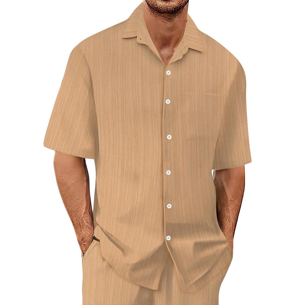 Men's Summer Hawaiian Solid Color Stripe Textured Breathable Loose Button Shirt