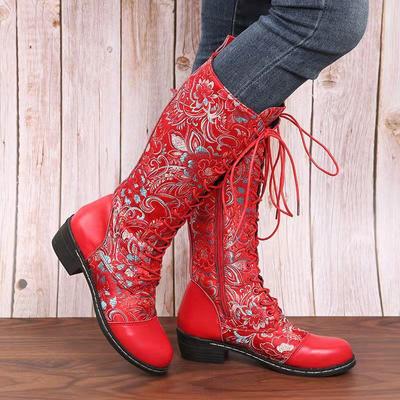 Neue Leac Up Stickerei Blumen Kniehohe Stiefel Frauen Ethnische Retro Blockabsatz Große Größe Ritterstiefel 2024 Herbst Botas De Mujer