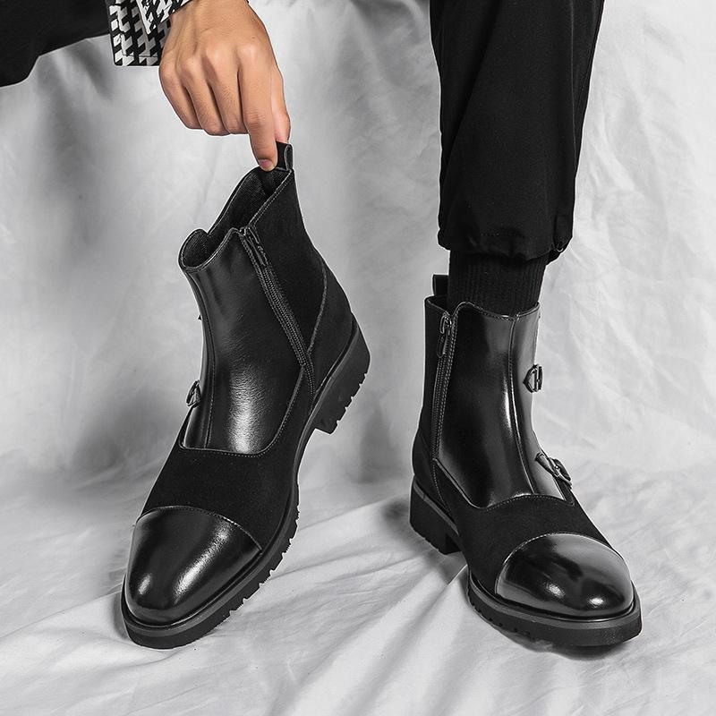 British Style Men's Medium and High-top Leather Shoes Brock Business Casual Short Boots Fashionable Retro Pointed Heightening Martin Boots