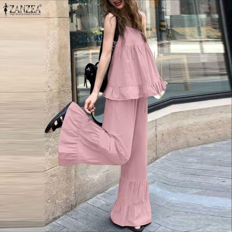 ZANZEA Women Sleeveless Straps Camisoles and Long Pants Summer Two Piece Suit Sets