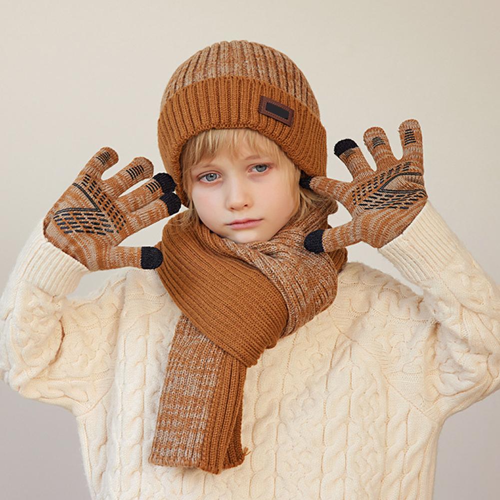 3pcs Children's Soft Knitted Hats Scarf Gloves Set Windproof Warming Kid Three Piece Set Beanie For Outdoors School Sports