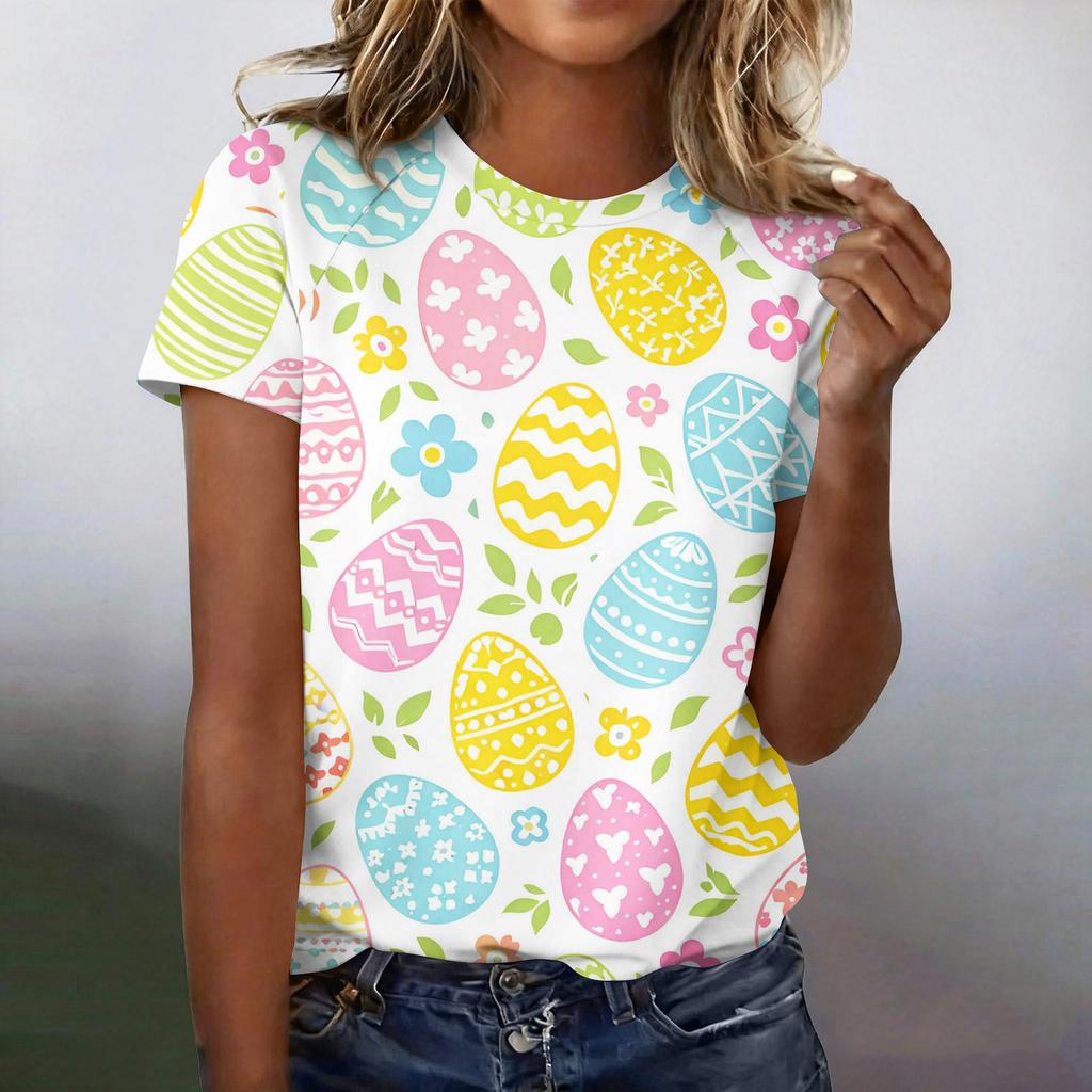 Women's Fashionable Casual Short-Sleeved Raglan Sleeve Easter Print T-Shirt Top