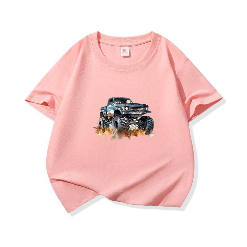 Kids Cotton T Shirt Trendy Watercolor Offroad Car Print Crew Neck Short Sleeve Tee Casual Boys Girls Summer Tops