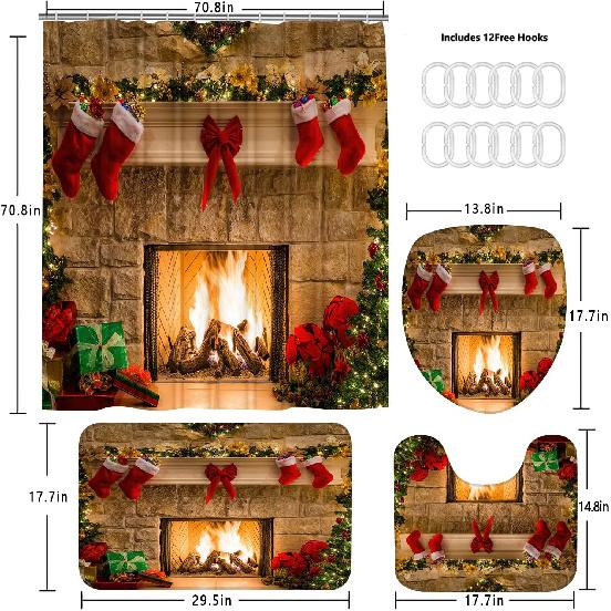4PCS Christmas Fireplace Shower Curtain Sets, Christmas Tree Stocking Shower Curtain Sets with Rugs, Toilet Lid Cover and Bath Mat for Bathroom Set