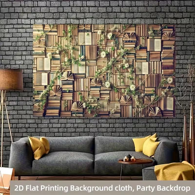 2D Flat Floral Book Banner, Rustic Library Wall with Flowers for Newborn and Children Shoots
