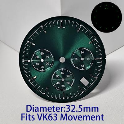 Cadran de montre vert lumineux de haute qualité de 32,5 mm de diamètre compatible avec le mouvement VK63 Accessoires Pièces de montre Pour montres-bracelets Cadran vierge